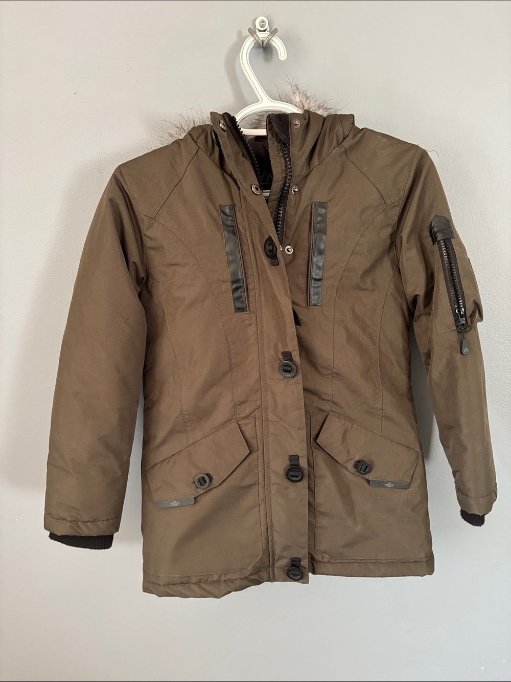 Kids Hooded Brown Puffer Coat with Zip & Button Front
